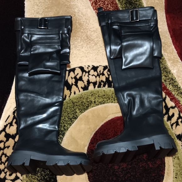 Azalea Wang Thigh High Black Punk Utillity Flatform Boots with Pockets Size 7.5 - Picture 4 of 5